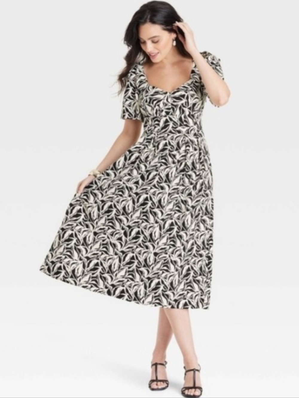 A New Day Cottagecore Midi Dress Size 10 Black White Print Pockets EUC